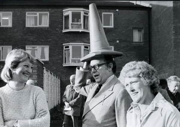 Eric Morecambe clowning around at the opening of Tarnbrook Court sheltered housing in Morecambe in 1982