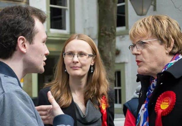 Cat Smith with Eddie Izzard and a member of the public during an election campaign visit to Lancaster last year.