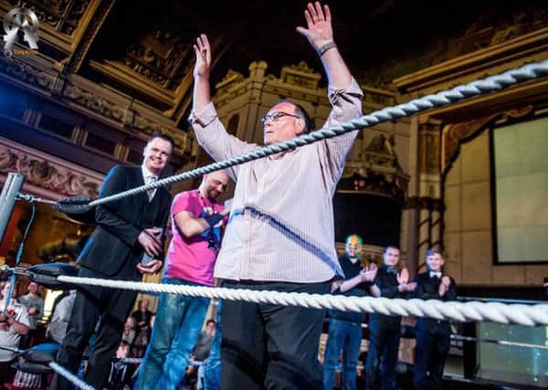 Marty Jones salutes the crowd at Morecambe Winter Gardens as he is inducted into the Morecambe Wrestling Hall of Fame.