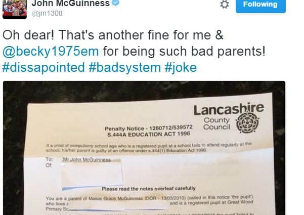 John McGuinness tweets about being fined for taking his daughter out of school.