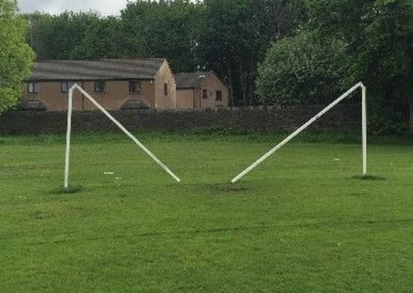 The damaged goalposts at Giant Axe.
