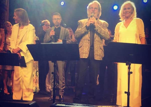 The members of Abba on stage last night at a private party in Stockholm where they sang on stage together for the first time in more than 30 years.