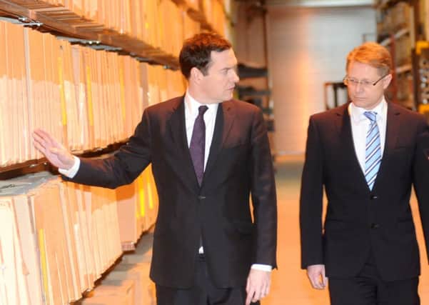 Chancellor of the Exchequer George Osborne during his visit to the DST Group Limited on White Lund with MP for Morecambe and Lunesdale David Morris.
