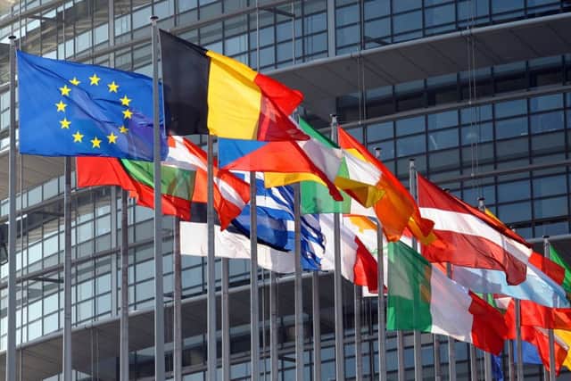 The European Union flag and national flags in front of the European Parliament in Strasbourg.