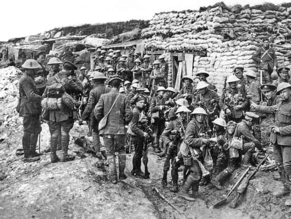 Soldiers from the 1st Battalion, East Lancashire Regiment, parading at the White City trench  for the attack on Beaumont Hamel on July 1 1916.
