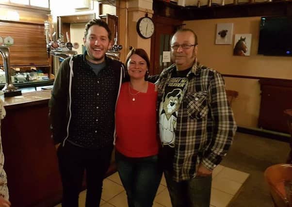 Comedian Jon Richardson with his dad John, a regular in the Exchange pub in Morecambe, and pub landlady Debbie Ellershaw.