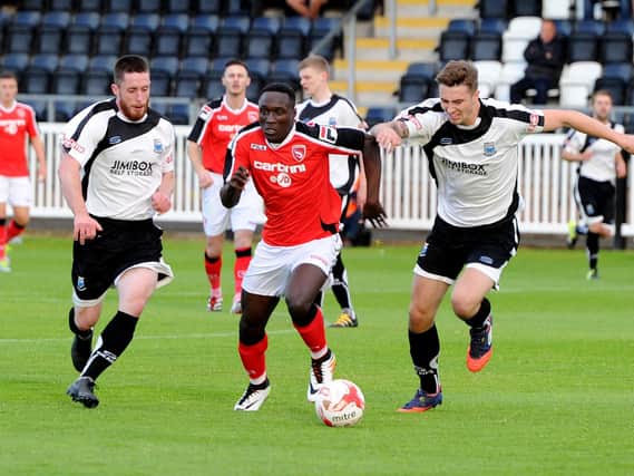 Burnley youngster Daniel Agyei in action for Morecambe against Bamber Bridge. Picture: Paul Heyes