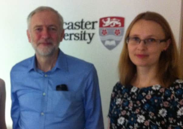 Jeremy Corbyn with Cat Smith during a visit to Lancaster University.