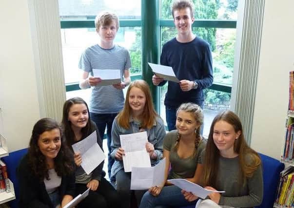 Some of the high achieving Dallam students. From left to right: Lauren Tranter and Grace Sandford from Arnside, Sam Pearce from Hest Bank, Hannah Douthwaite (9 x A*) from Milnthorpe, Louis Singleton from Carnforth, Eve Sandford from Arnside and Jemma Litzke from Grange.