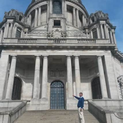 Robert Webb, outgoing chairman of CancerCare, points up at the Ashton Memorial ahead of a charity abseil on September 11.