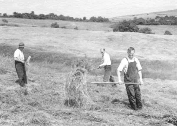 Haymaking, High Meadow, Thornbush Farm, Roeburndale, and (inset) circa 1947, from left: Maurice Preece (father), Arthur Hargreaves (visiting helper), Lawrence Preece (son). Arthur Hargreaves demanded a prompt start after tea break and lunch stating: Theres a lot of work to be done so lets get on with it. However, after the evening meal he was exhausted and had to take to his bed, being near a state of collapse. The following morning, the weather being inclement, he decided to return home and was never seen again in the hay field.