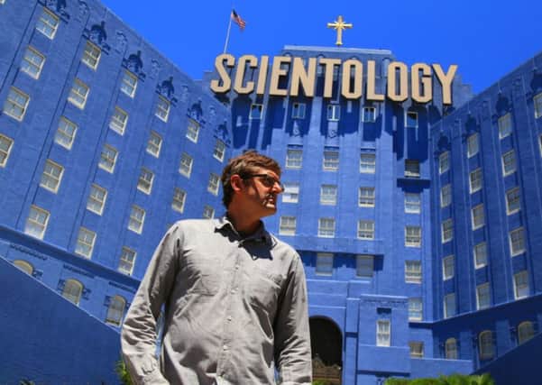 Picture shows_WS Louis Theroux outside The Church of Scientology building in LA. Picture by BBC. Flat Creek Films.