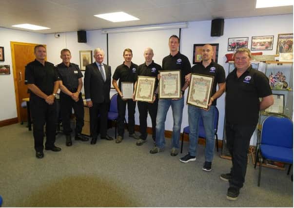 Pictured left to right at the awards ceremony; Superintendent John Puttock (Lancashire Constabulary), Inspector David Old (Lancashire Constabulary), Liverpool Shipwreck Humane Society Chairman Brian Airey, Bowland Pennine MRT awardees Julian Earnshaw, Gary McGrath, Chris Thomas, Rob Gilder and Team Leader Kevin Camplin.