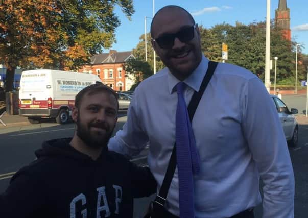 Tyson Fury outside The Withy Trees pub, Fulwood, Preston with fan Leigh Hoyle.