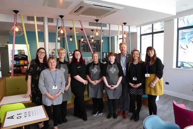 From left to right:  Anna Eddowes-Scott (Community Fundraiser), Jenny Maxfield (Administrator), Suzanne (Brew Me Sunshine Supervisor), Beth Norwood (Brew Me Sunshine Manager), Ashleigh & Megan (Brew Me Sunshine Staff), Stuart Clayton (CEO of Galloways), Amanda Needham & Nia Coleman (Vision Services Coordinators)