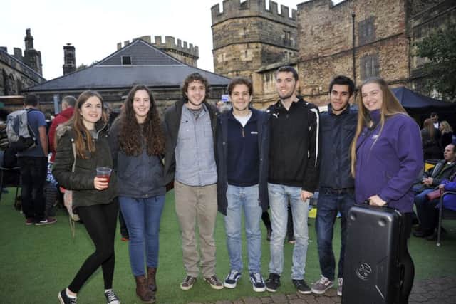 from left, Emma Hine, Levi Worsfold, Alastair Hodgetts, Andrew Mitchell, Tom Hodgkinson, Alex Repole and Vanessa Woffindin at the Lancaster Music Festival in Lancaster Castle
