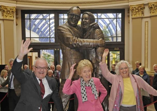 Unveiling of the new Morecambe and Wise statue at the Winter Gardens.  Pictured are Gary Morecambe, Joan Morecambe and Gail Morecambe.