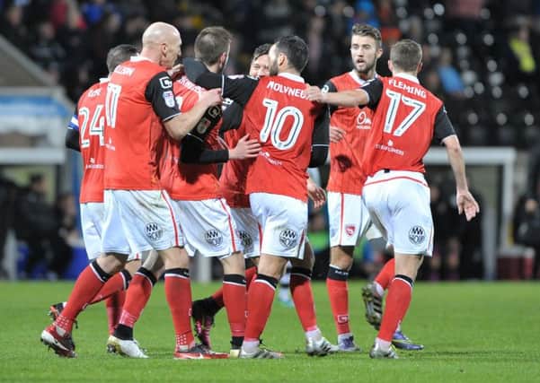 Tom Barkhuizen is congratulated on his goal from the spot. Picture: B&O PRESS PHOTO