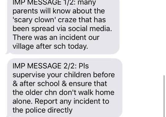 A Facebook screen shot of a text message sent to parents at Bolton-le-Sands Primary School after an incident where somebody dressed in a clown mask chased a pupil.