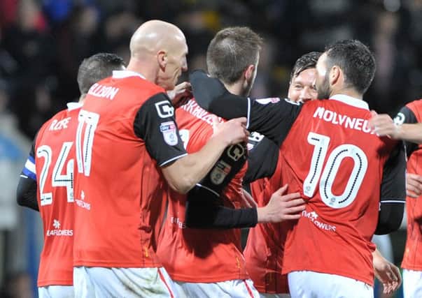 Morecambe celebrate at Notts County in midweek (B&O PRESS PHOTO)