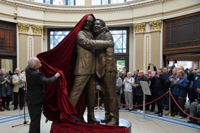 The unveiling of the Morecambe and Wise sculpture in Blackpool.