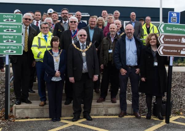 Counc Robert Redfern, Mayor of Lancaster with VIP guests at Costain site, for a sneak preview of The Bay Gateway.