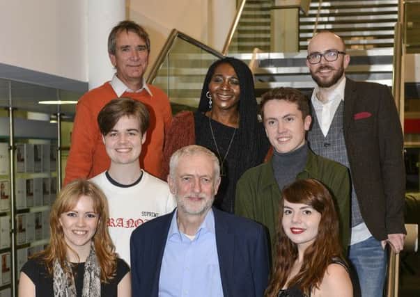 Members of Lancaster University Politics Society Executive with Jeremy Corbyn. Executive President Emily Siddall is pictured front left with politics lecturers Dr Simon Mabon (back right) and Dr Mark Garnett (back left).