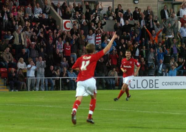 Andy Fleming celebrates his second goal against Coventry back in 2010.