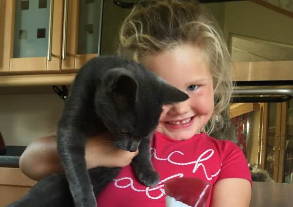 Maddison with Tommy her cat who crawled home using his front paws after being badly injured in what his owners believe to be a car crash.