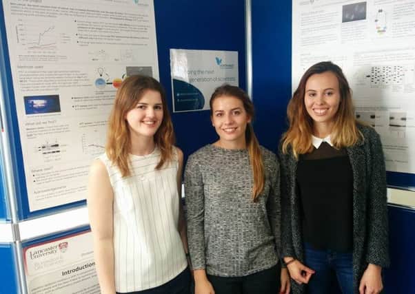 three of the students North West Cancer Research currently funds at Lancaster University from left: Kate Anderton, Hope Crichton and Lily Dixon.