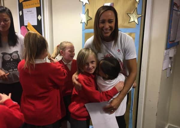 Olympian Jessica Ennis-Hill visits Trumacar Primary School, in Heysham.