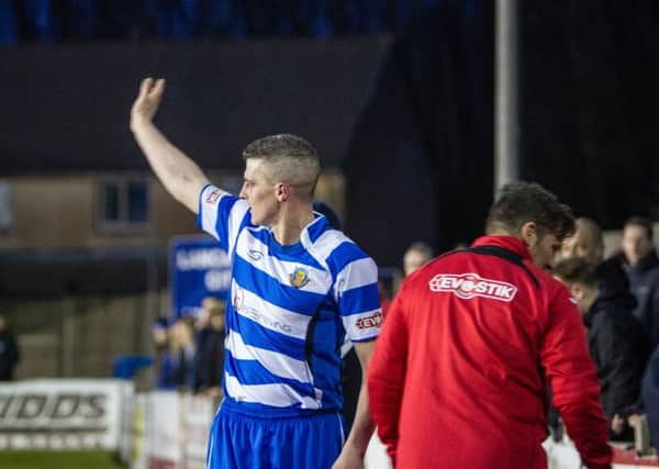 Neil Marshall salutes the Lancaster City fans at the end of his testimonial against a Liverpool Legends XI. Picture: Gavin Haworth