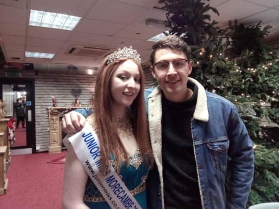 Emmerdale star Joe Gill and junior Miss Morecambe Rachel Simpson at the Arndale Christmas lights switch on.