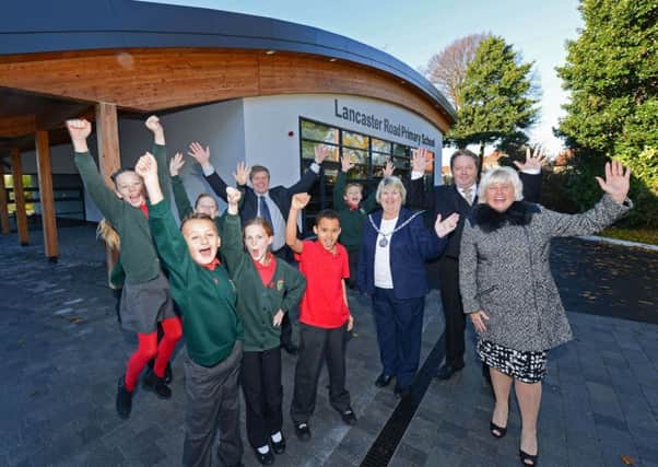 A group shot of some of the children with Mr. Gabriel, the school headteacher, the Chairman of Lancashire County Council, Janice Hanson, Mr. Toulmin, the chair of governors and County Councillor Nikki Hennessy, the lead member for schools.
