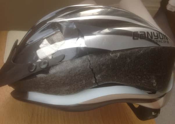 The damaged helmet which saved Colin Morris from serious injury.