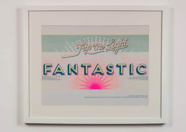 Artwork created by local artist Kate Drummond titled 'Fantastic'. It is a risograph print based on the murals she created by The Midland hotel in Morecambe.