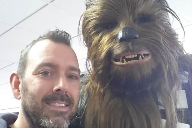Simon Hogg (out of Stormtrooper costume) meets Chewbacca!