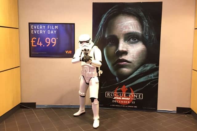 Simon Hogg the Lancaster Stormtrooper at the Vue Cinema ready to see the new Star Wars film Rogue One.
