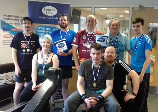 A group of friends who pledged to row a million metres each for CancerCare have completed the challenge at Lancaster and Morecambe College Sports Centre raising more than Â£2,000. L-R Drew Bell, Sarah Bamber, Daniel Prince, John Haydock, John Beamer, Peter Thompson, Bob Bailey and Nathan Beamer.