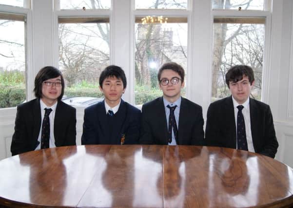 LRGS pupils   who are taking part in the British Maths Olympiad final in London in February 2017.
Left to right: Timothy Ye, Matthew Chan, Cameron Peters and Riordan deVries.