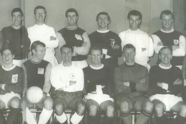Part of the 1966 England squad wearing their club colours with Gordon Banks, far left back row, Geoff Hurst, 3 rd left back row and Ron Flowers, 2 nd right front row.