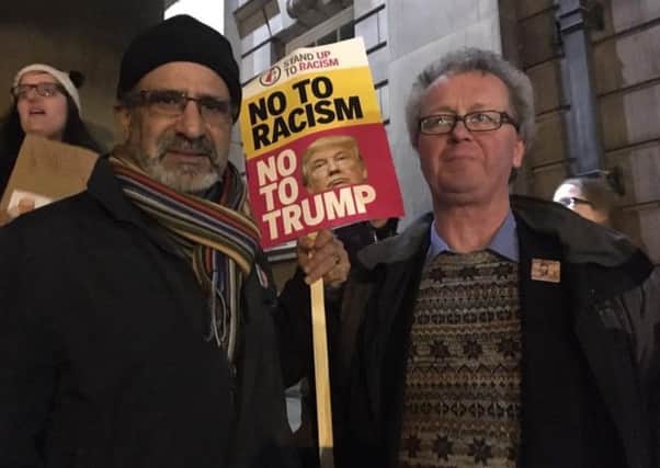 Sam Ud-din and Eugene Doherty at the anti-Trump protest in Lancaster.