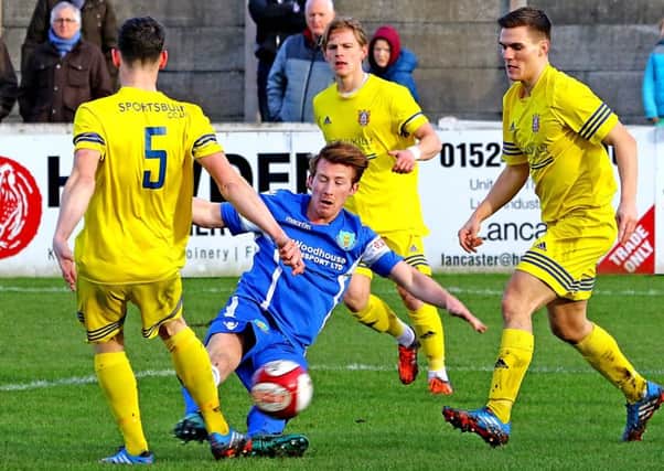 Match-winner Craig Carney goes for goal against Farsley Celtic. Picture: Tony North