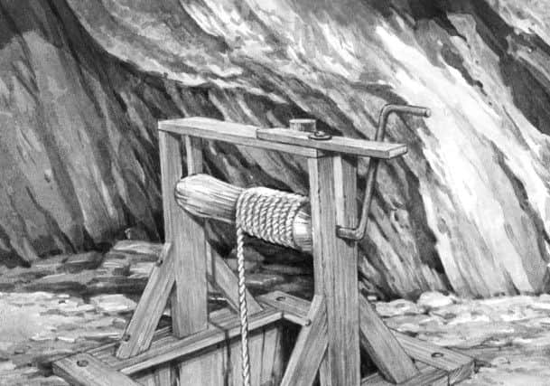 This illustration of a turn tree shows the method used in Wrays coal mines for raising the coal from the shaft bottom to the surface. It was also used by the miners to travel up and down the pit shaft.
Illustration by John Robinson.