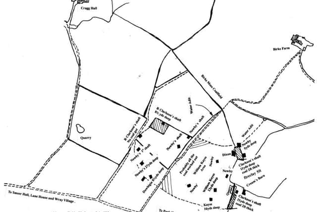 Map of Birks Moss coalfield near Wray. This coalfield is situated on a flat area of land between Cragg Hall Farm and Birks Farm and is not far from the road going from Lane Head towards Park House. Today a large area of the land has been ploughed, leaving no trace of the 18 plus shafts sunk into its surface by Wrays local coal miners many years ago.