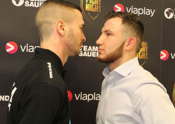 Isaac Lowe, right, and Dennis Ceylan at their press conference in Aarhus, Denmark. Picture: Team Sauerland
