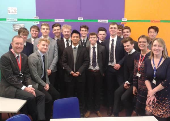 Year 13 LRGS students with their form teacher Jill Love (right) and Neil Townsend and Alison Dixey from CancerCare during their visit to the school.