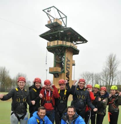 Photo Neil Cross
Who Dares Wins SAS TV presenters Foxy and Ollie at the new Gravity bungee tower at Salt Ayre Leisure Centre, Lancaster, with pupils from Our Lady's Catholic College