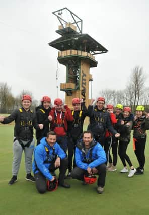 Photo Neil Cross
Who Dares Wins SAS TV presenters Foxy and Ollie at the new Gravity bungee tower at Salt Ayre Leisure Centre, Lancaster, with pupils from Our Lady's Catholic College
