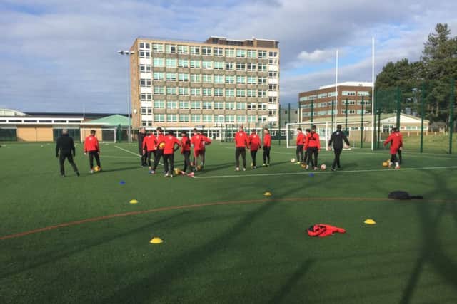The Morecambe players training at Lancaster and Morecambe College.